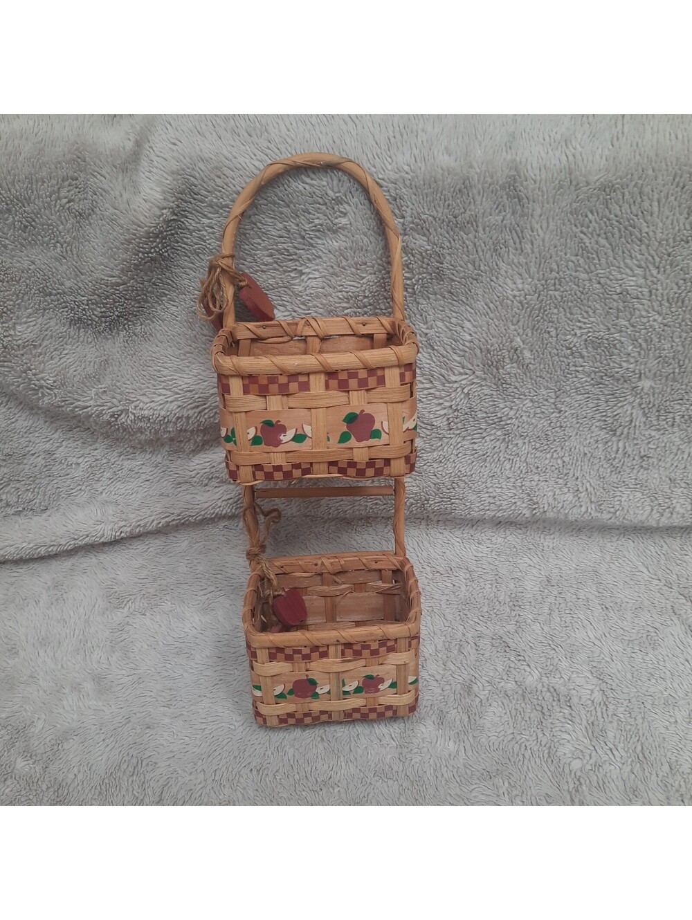 Apple Themed Wicker Wood Hanging Wall Basket Cottagecore, Flaw